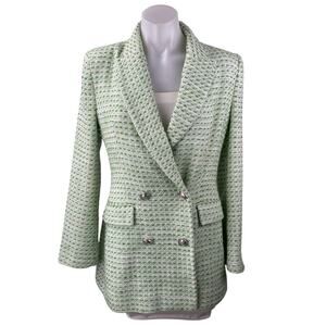 ZARA Light Green Plaid Tweed Long Sleeve Double-Breasted Blazer Coat Jacket Sz S
